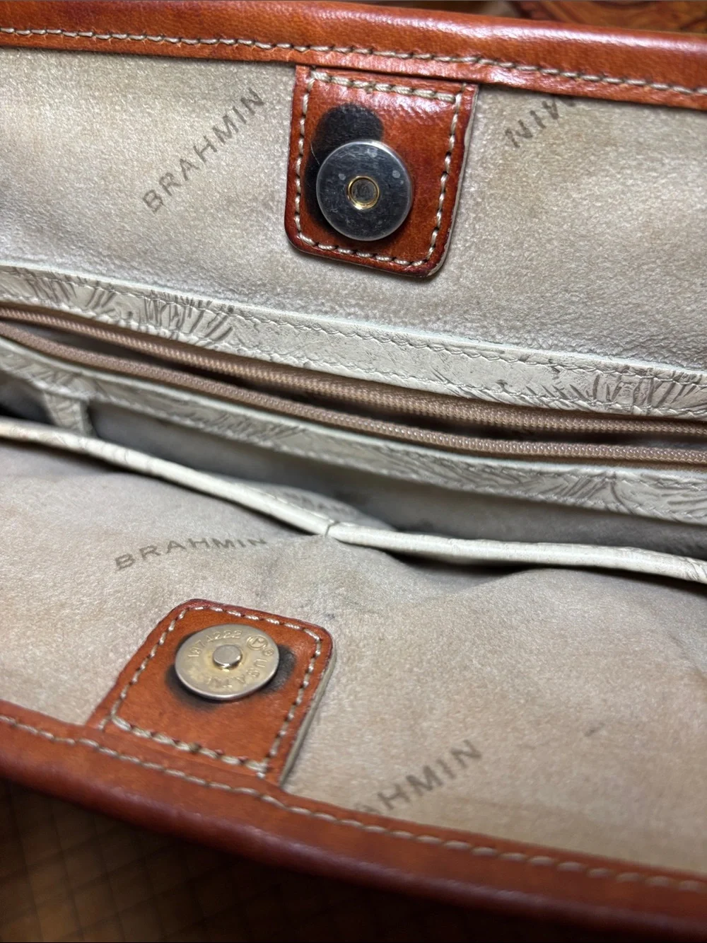 Brahmin Leather-Trim Beige & Brown Tote Bag w Copa Cabana Woody Car Palm Trees